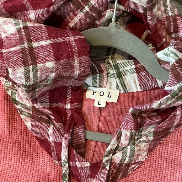 New POL Star Patch Plaid Flannel Long Sleeve Hooded Top Hoodie  Size Large - Picture 8 of 10